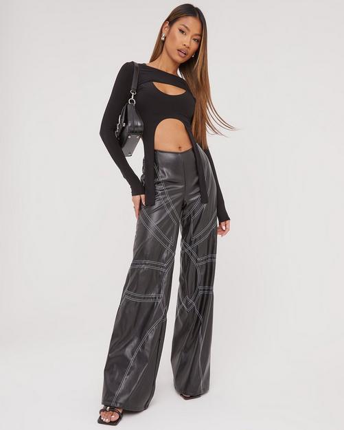 Fold Over Waist Flared Trousers In Grey Contrast Rib