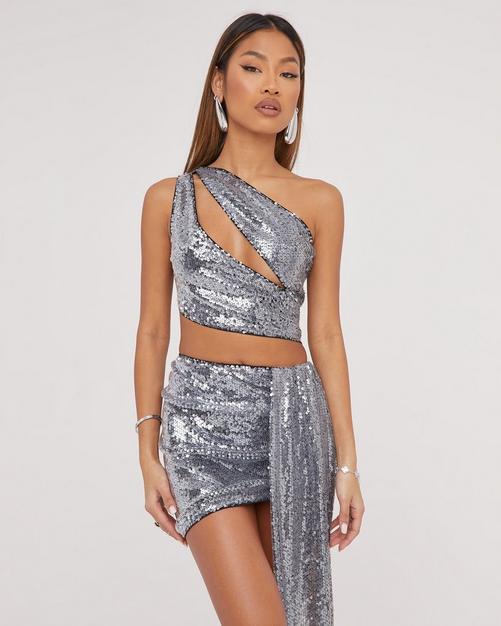 Starlet embellished longline one shoulder crop top in white and gold