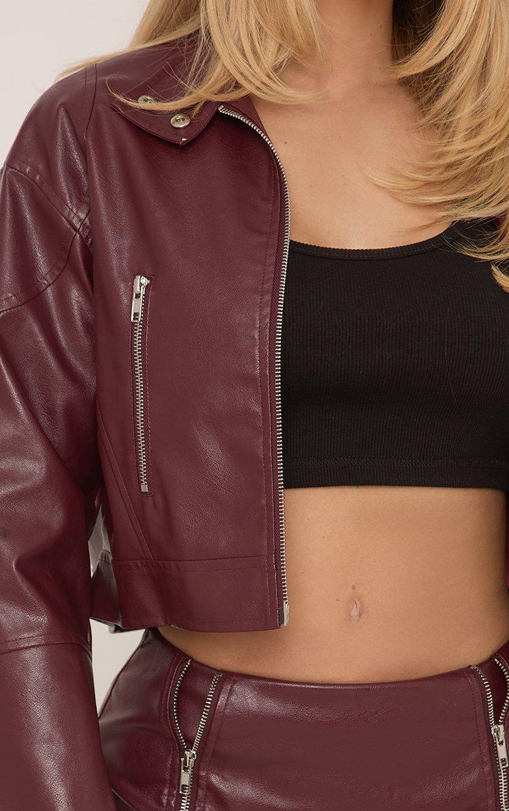 Long Sleeve Zip Front Boxy Cropped Jacket In Burgundy Faux Leather