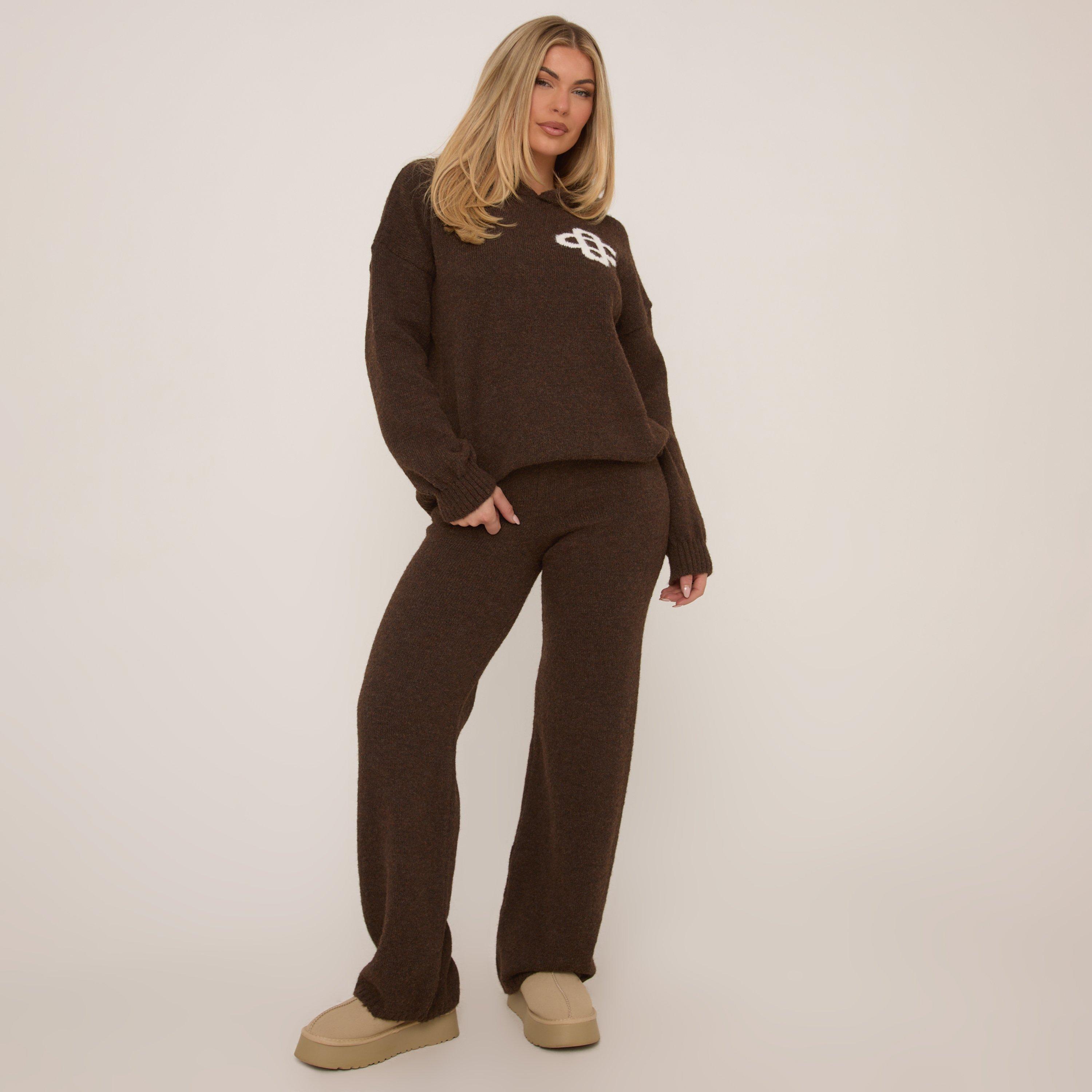 Image of High Waist Wide Leg Trousers In Brown Premium Knit, Women's Size UK M