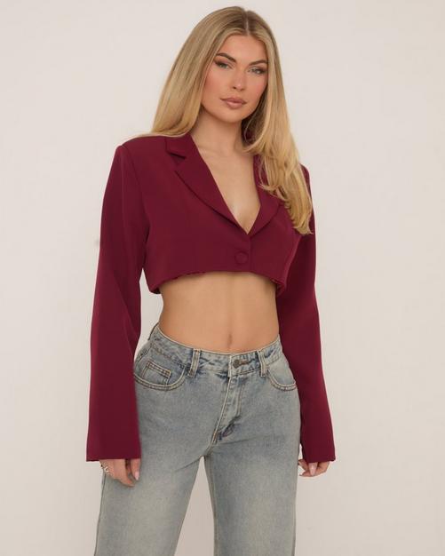 Long Sleeve Oversized Cropped Blazer In Burgundy