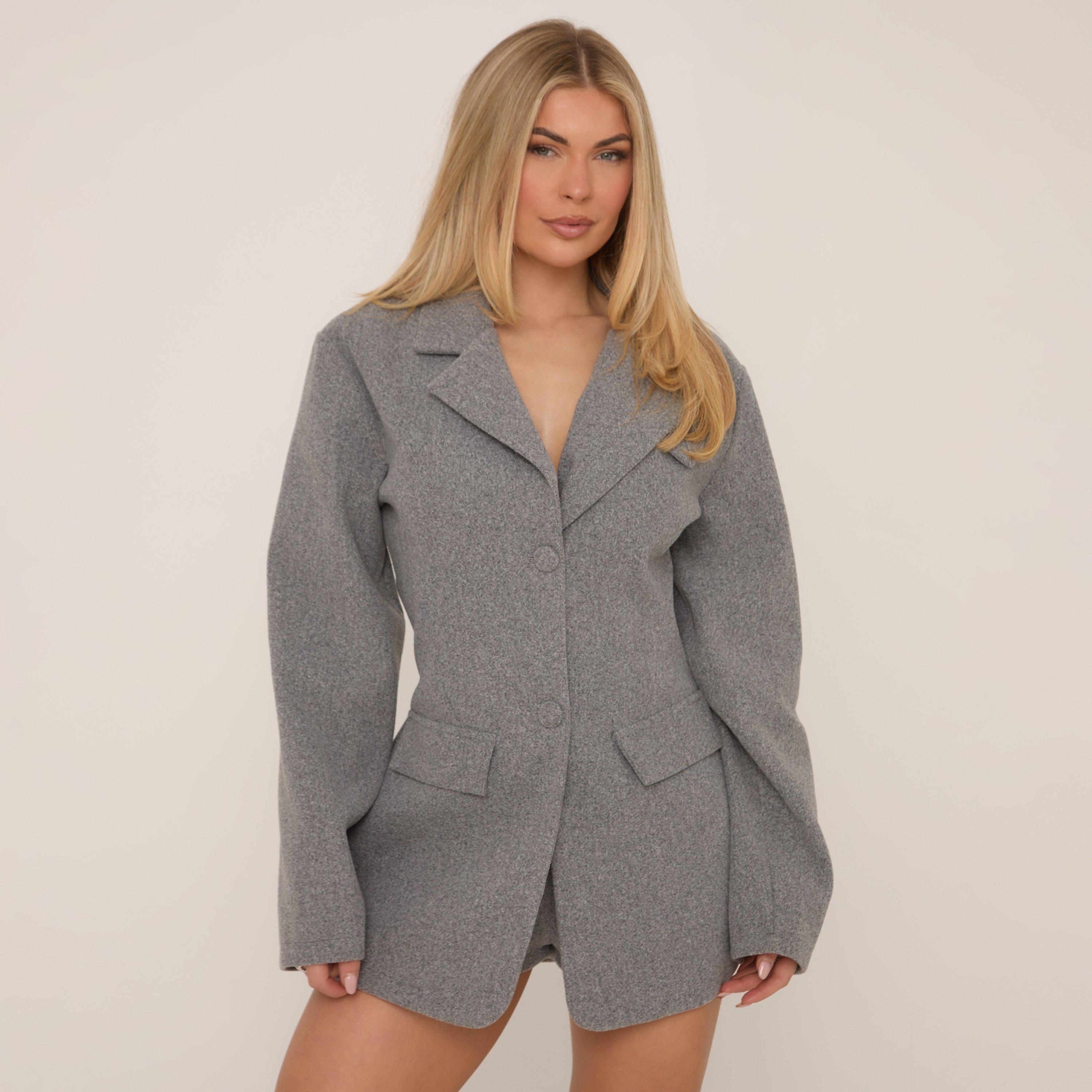 Image of Long Sleeve Pocket Detail Wool Look Blazer Playsuit In Grey, Women's