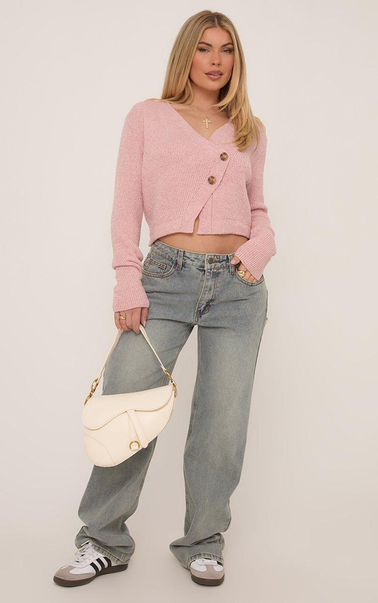 Long Sleeve Button Front Asymmetric Cardigan In Pink Knit | EGO US
