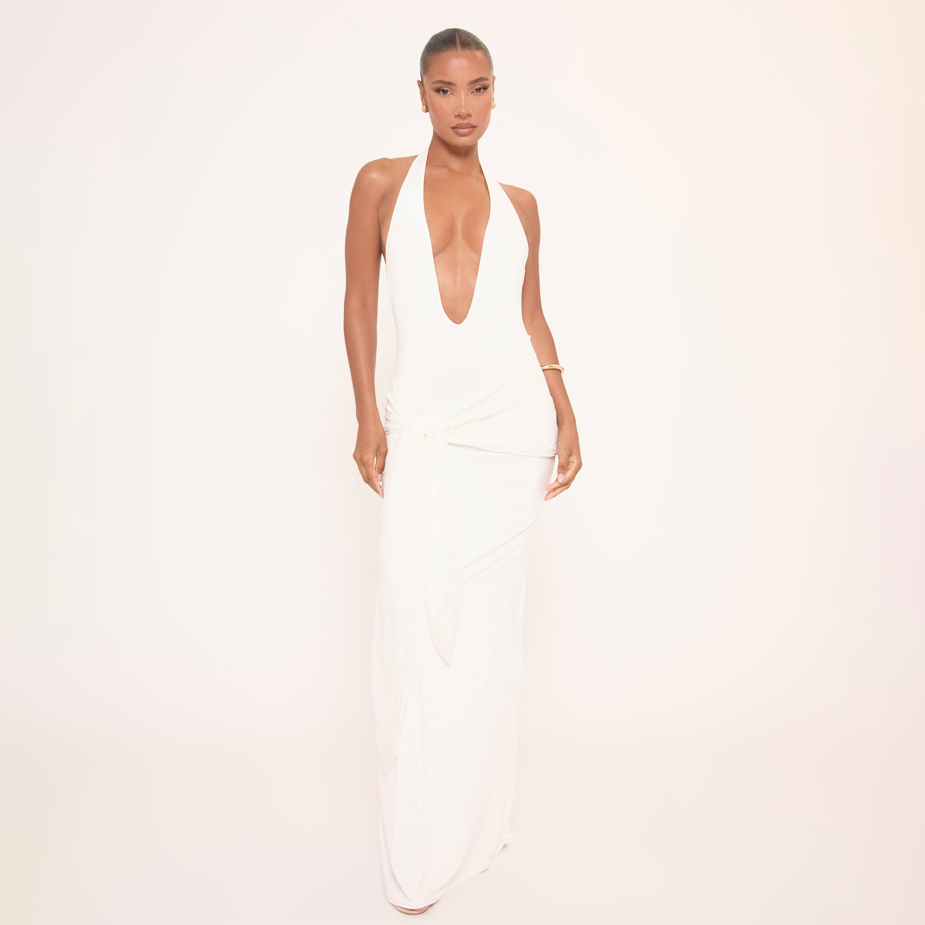 Plunge Neck Tie Detail Maxi Dress In White, Women’s