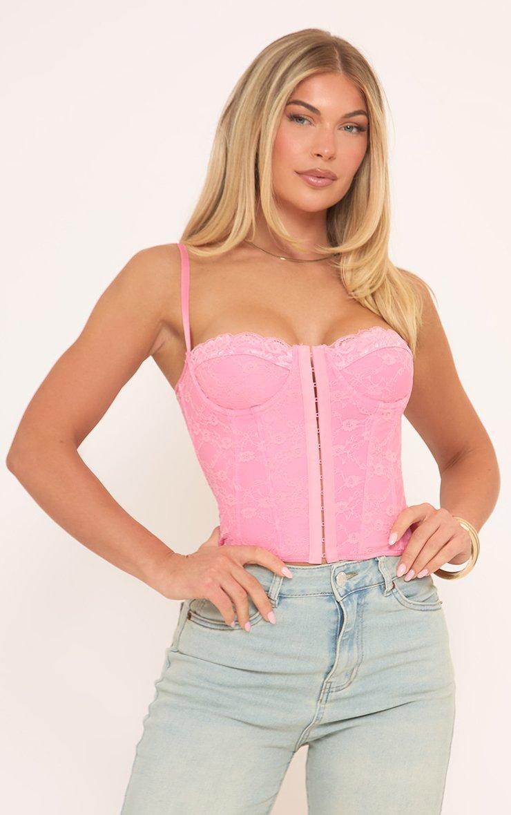 Hook And Eye Lace Up Back Detail Corset Top In Pink Lace | EGO EU