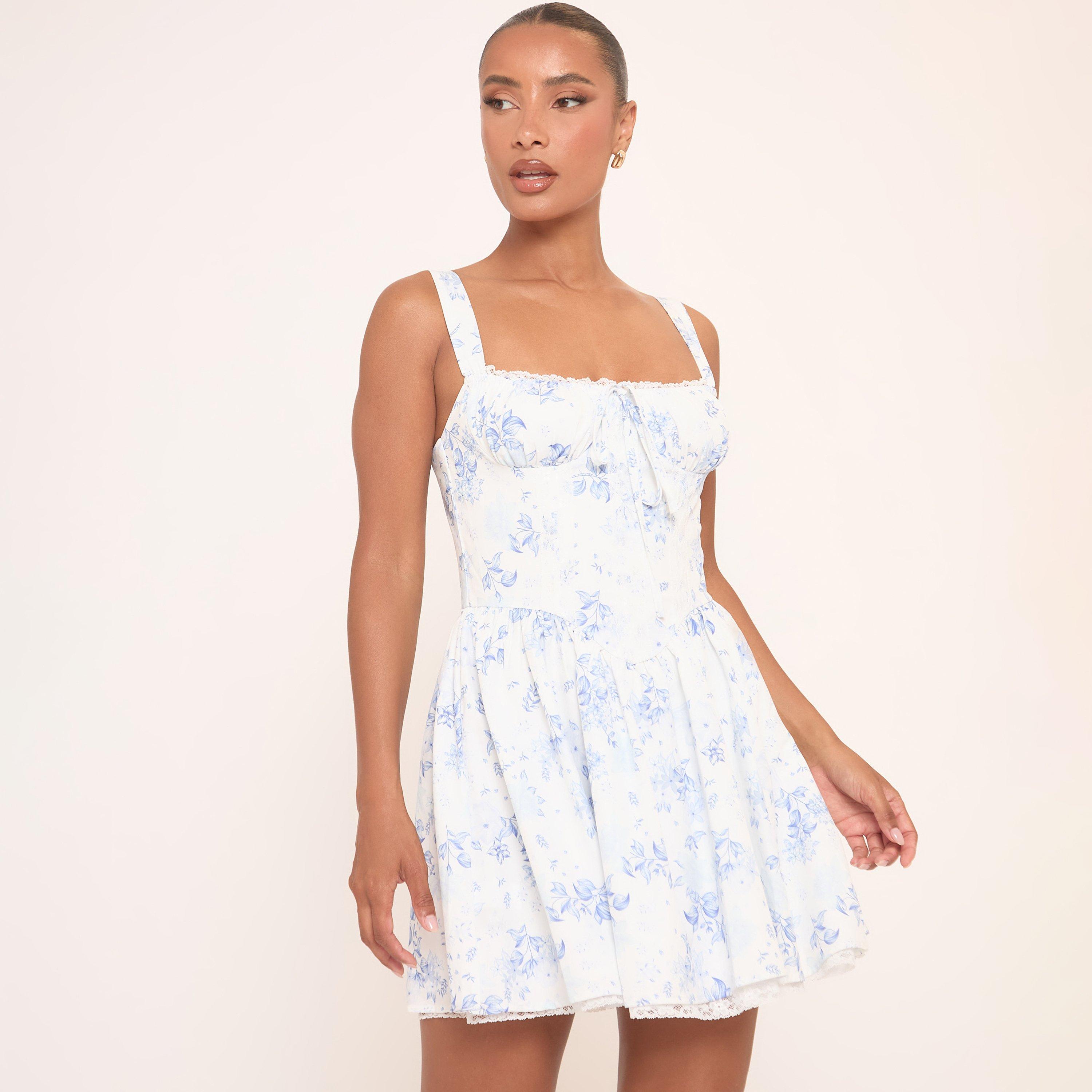 Square Neck Ruched Bust Lace Up Back Mini Dress In Blue Floral Print, Women’s
