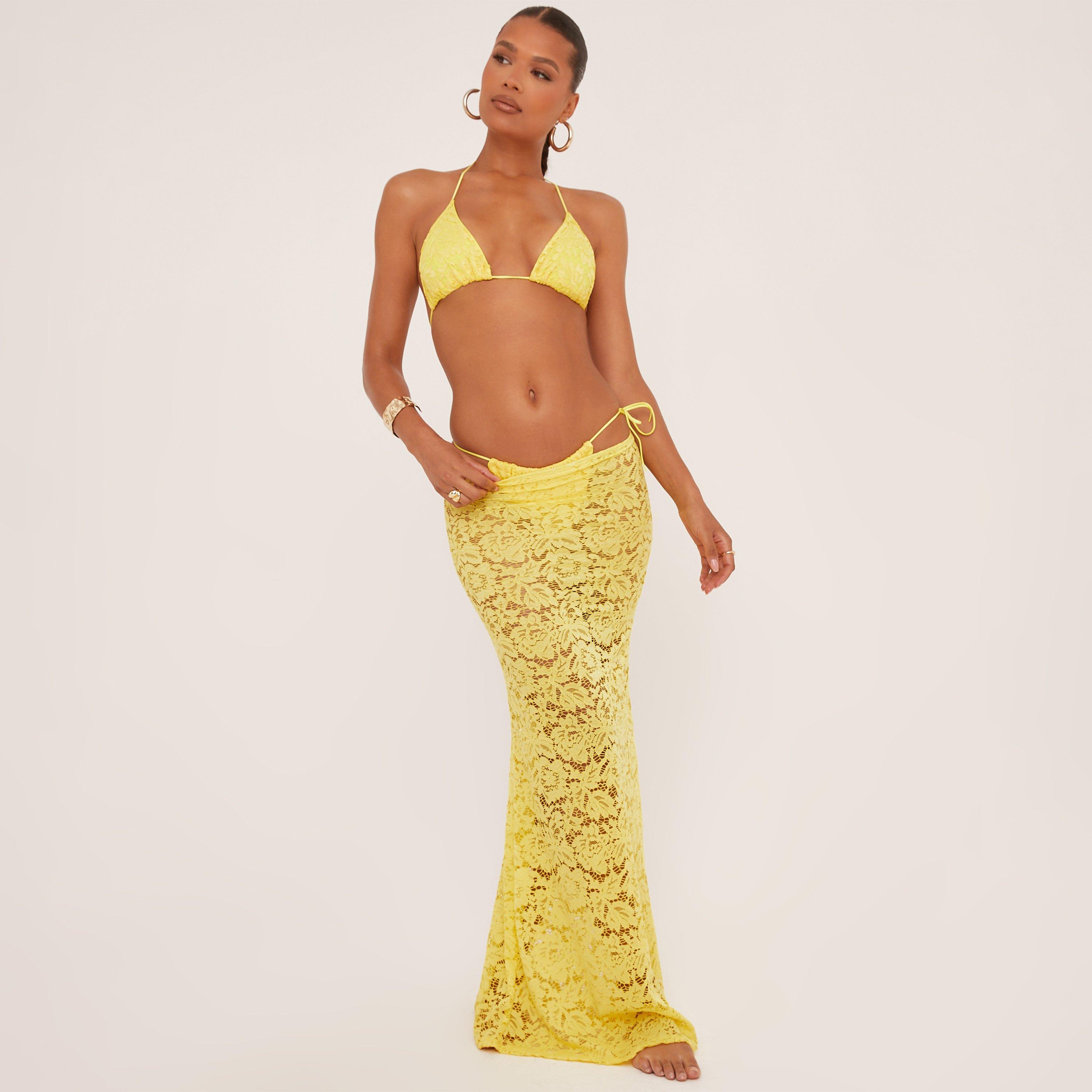 Low Rise Lace Detail Maxi Beach Skirt In Yellow, Women's Size UK 10