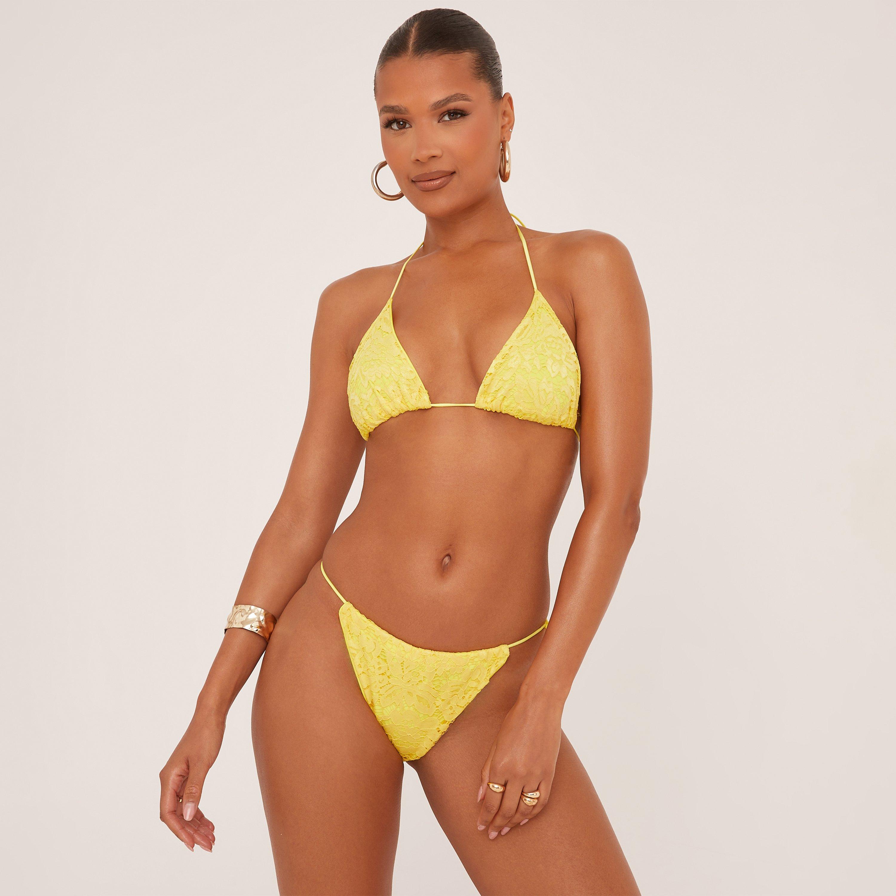 Triangle Lace Detail Bikini Set In Yellow, Women's Size UK 8