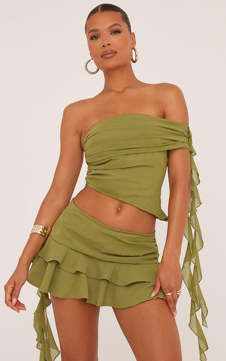 Fold Over Asymmetric One Shoulder Frill Detail Crop Top In Fold Over Asymmetric One Shoulder Frill Detail Crop Top In