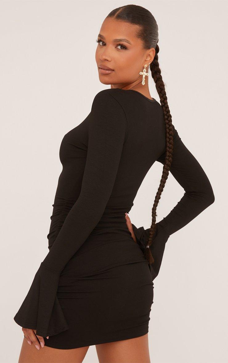 Long Flared Sleeve Gold Clasp Detail Mini Dress In Black Slinky | EGO US |  EGO