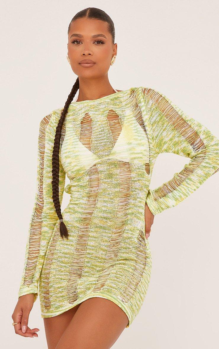 Long Sleeve Backless Laddered Mini Dress In Yellow Ombre Knit | EGO US