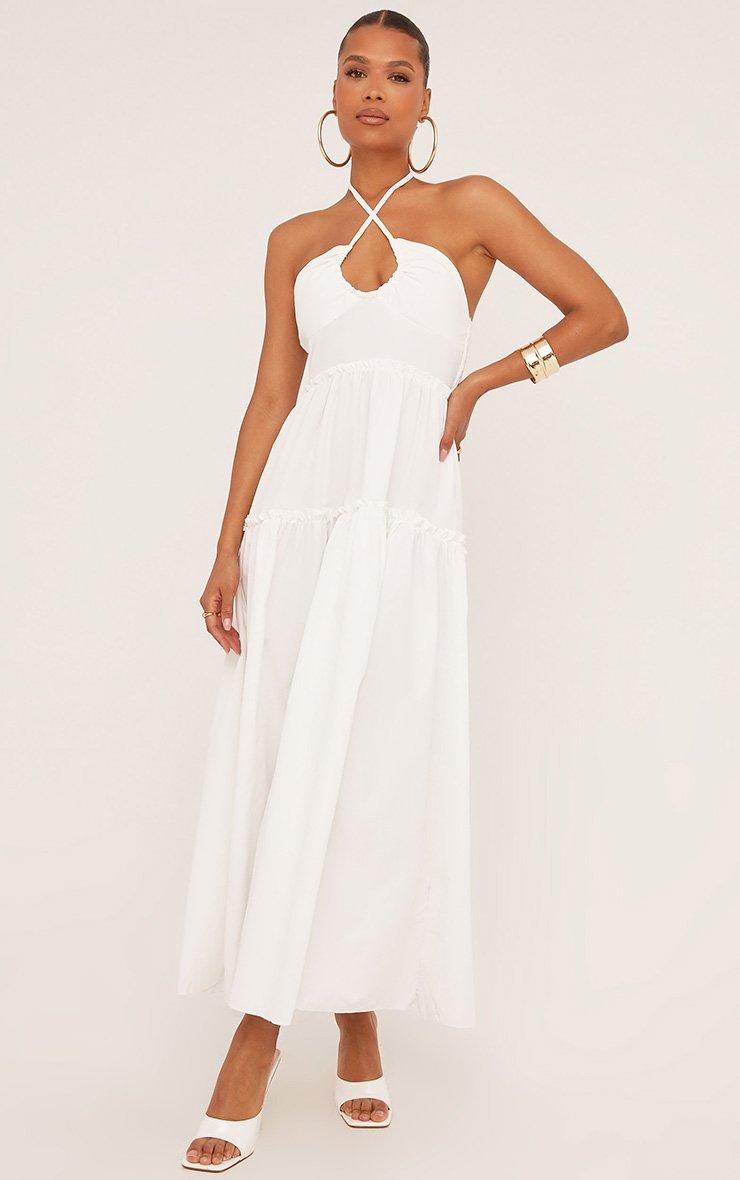 white christmas dresses Blue Floral Square Neck Cut Out Back Tiered Maxi Dress main image 0
