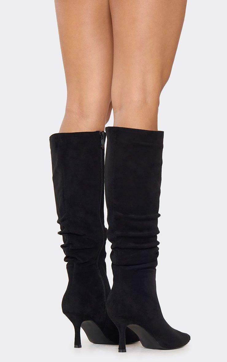 Hellie Pointed Toe Knee High Slouched Heeled Boot In Black Faux Suede | EGO  US | EGO, image size:740x1180