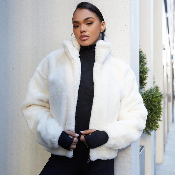 Zip Up Jacket In Faux Fur Cream | EGO