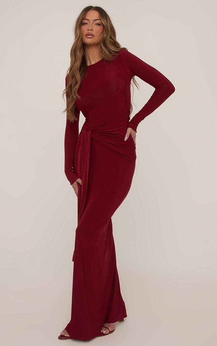 リルアー　drape design dress M-Long brown Saloma Rust Satin Square-Neck Maxi Dress With Cape Sleeves