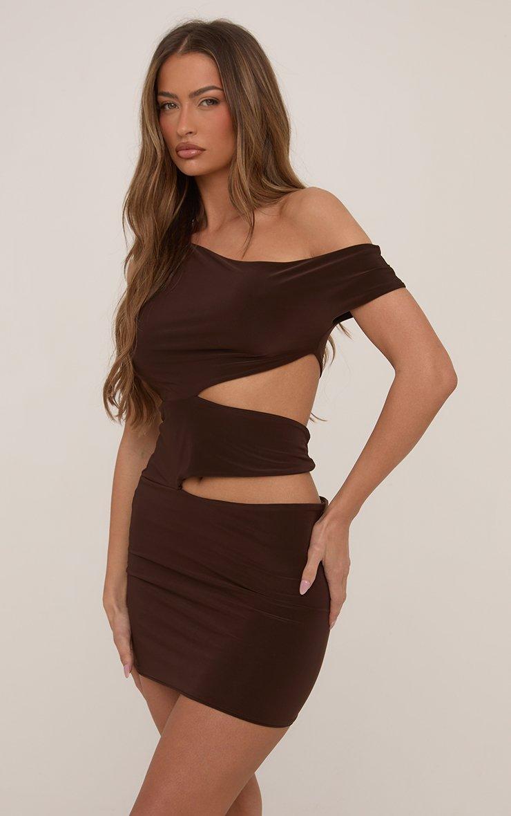 Asymmetric One Shoulder Cut Out Min Bodycon Dress In Brown Slinky | EGO US  | EGO