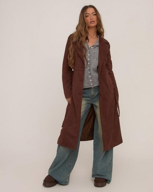 Tie Waist Longline Trench Coat In Brown Faux Suede