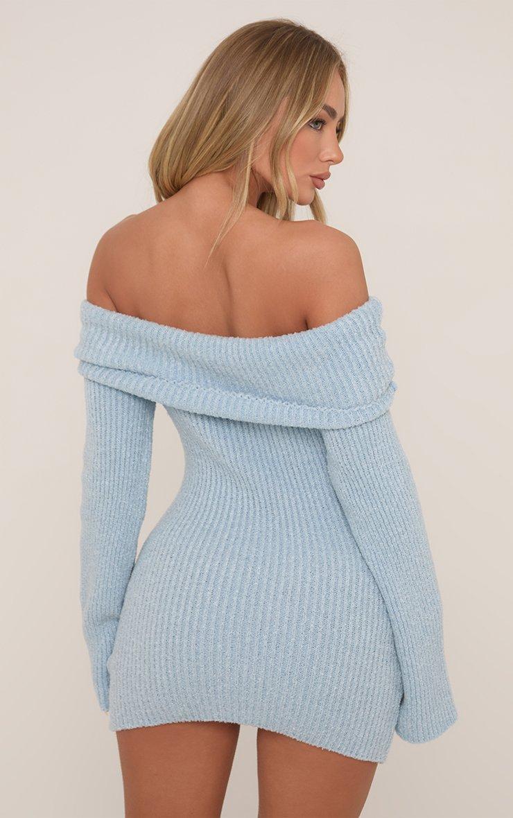 Fold Over Bardot Mini Bodycon Dress In Blue Boucle Knit | EGO US | EGO