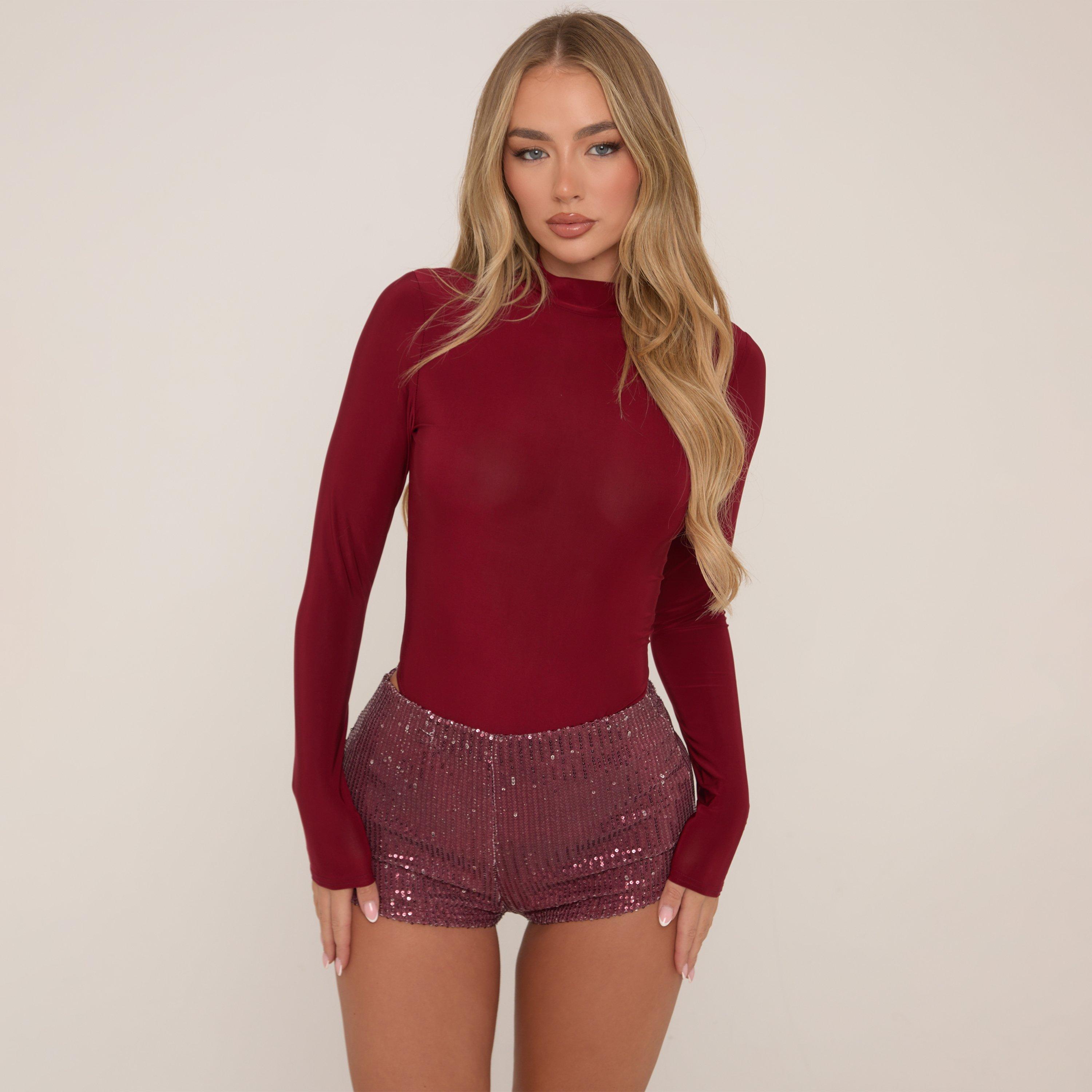 Mid Rise Hot Pant Shorts In Burgundy Sequin, Women's Size UK 10