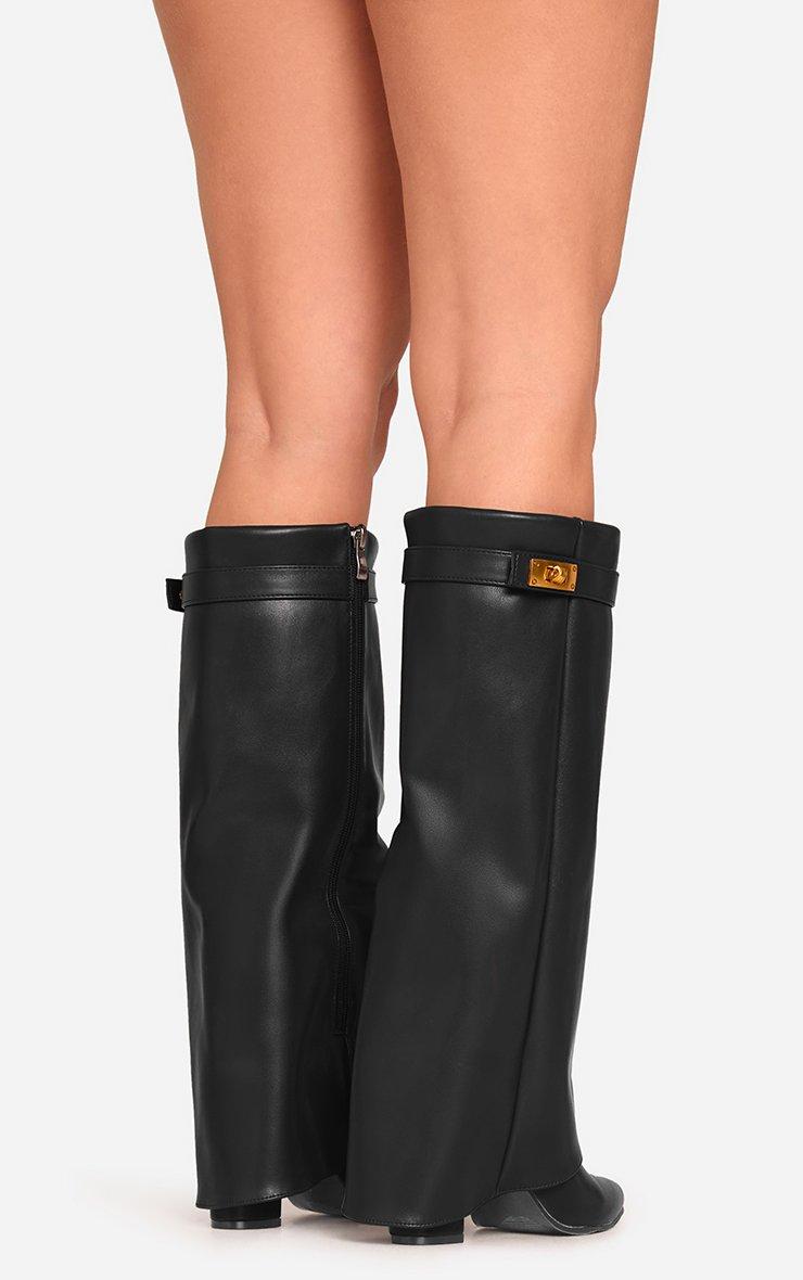 Ava Lock Detail Pointed Toe Knee High Block Heel Boot In Black Faux Leather.