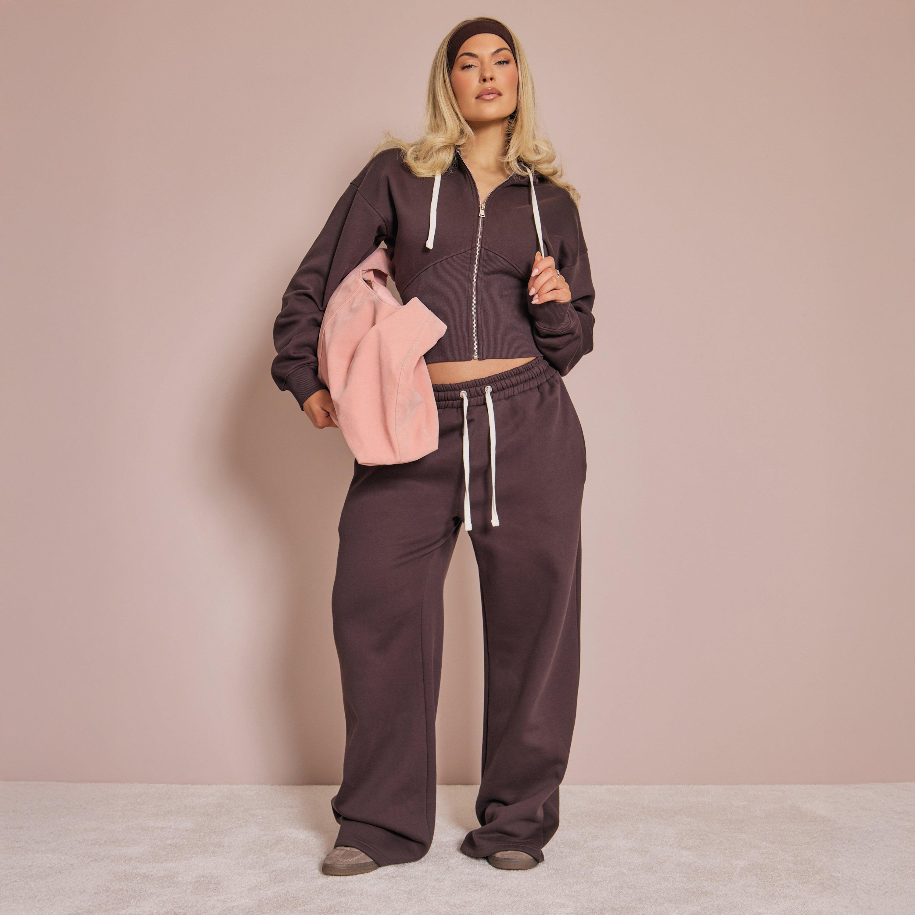 Contrast Drawstring Waist Wide Leg Joggers In Chocolate Brown, Women's Size UK 10