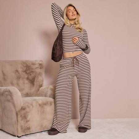 Drawstring Waist Wide Leg Trouser In Brown Soft Stripe Fleece, Women's Size US