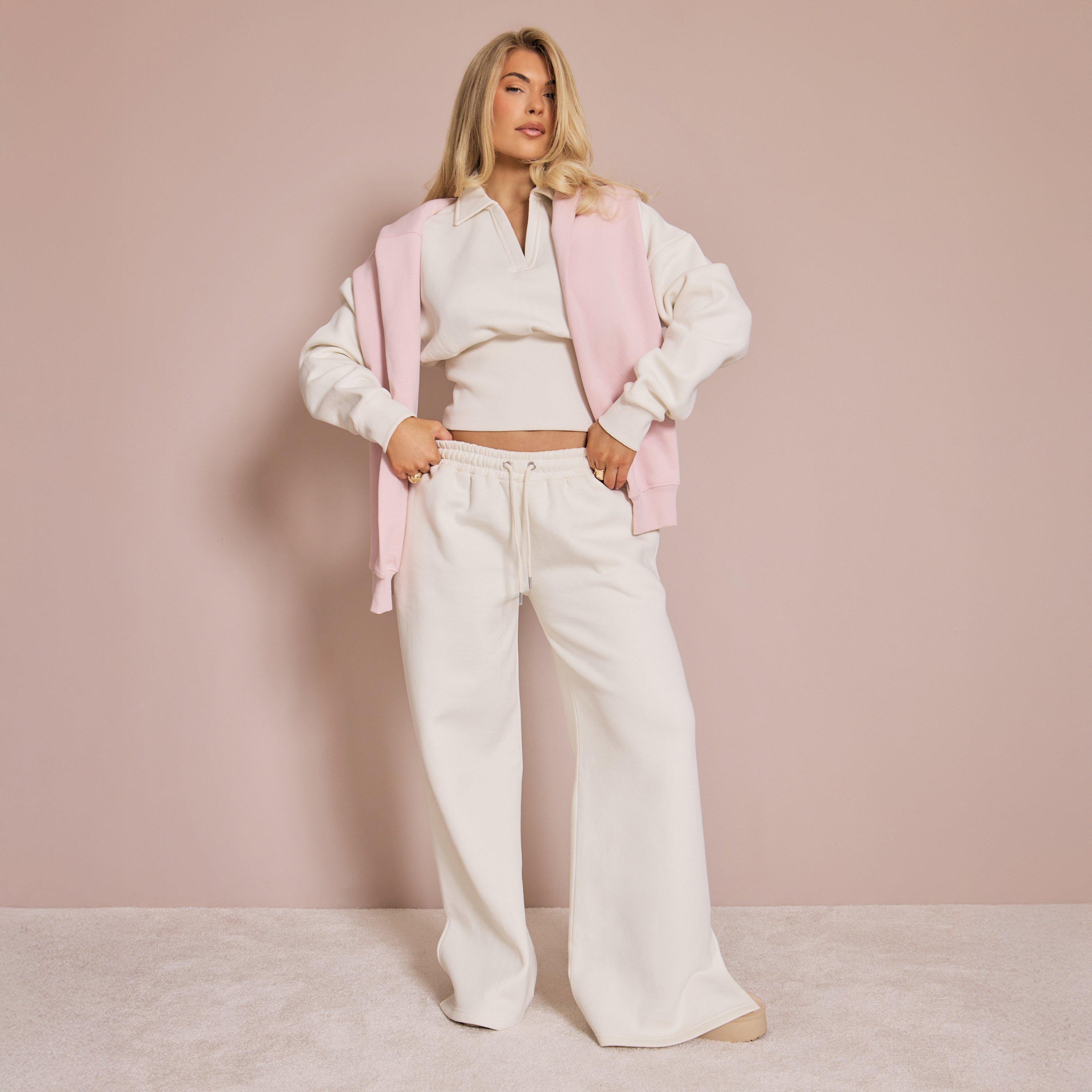 Drawstring Waistband Wide Leg Joggers In Cream, Women's Size UK 12