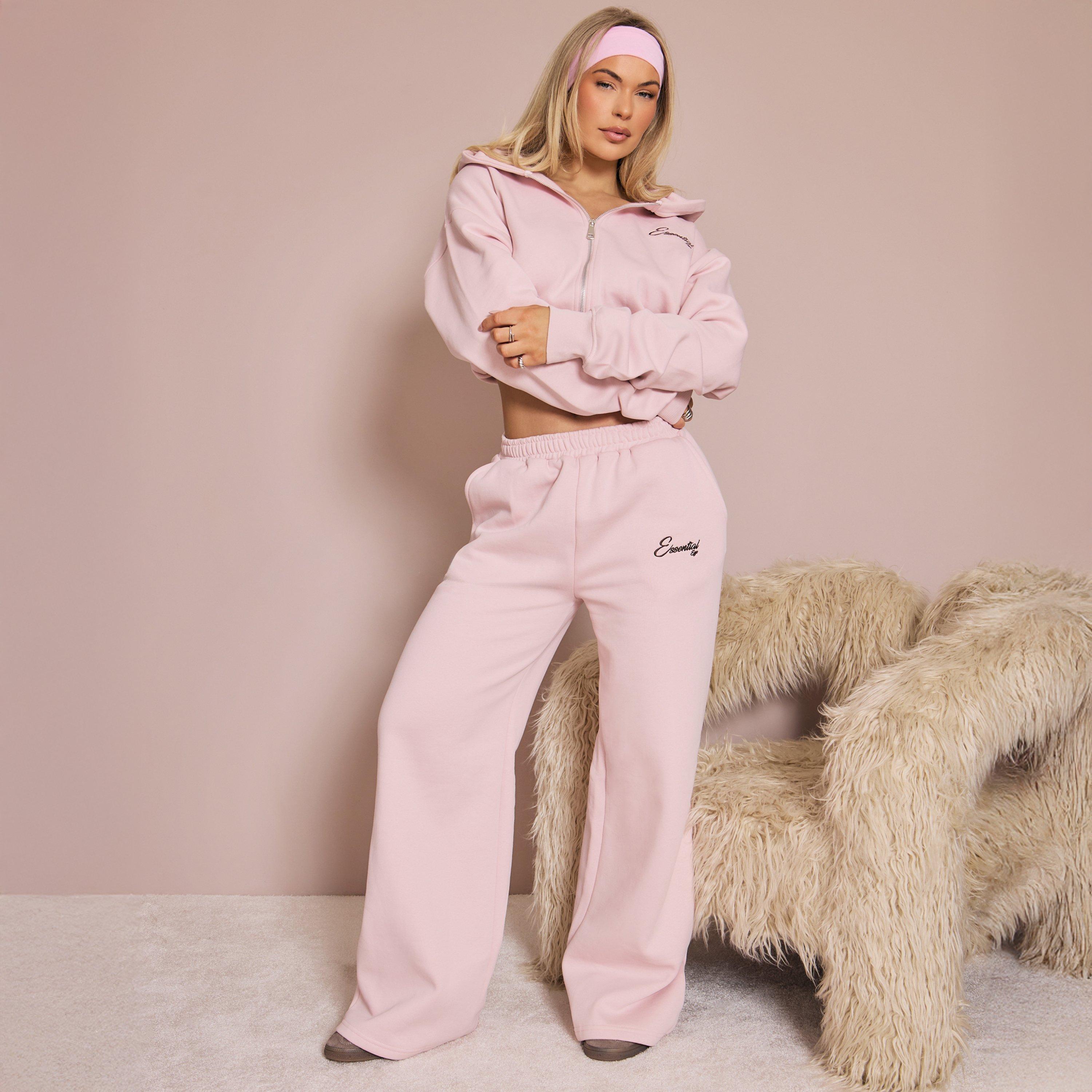 Elasticated Waist Graphic Detail Wide Leg Joggers In Pink, Women’s