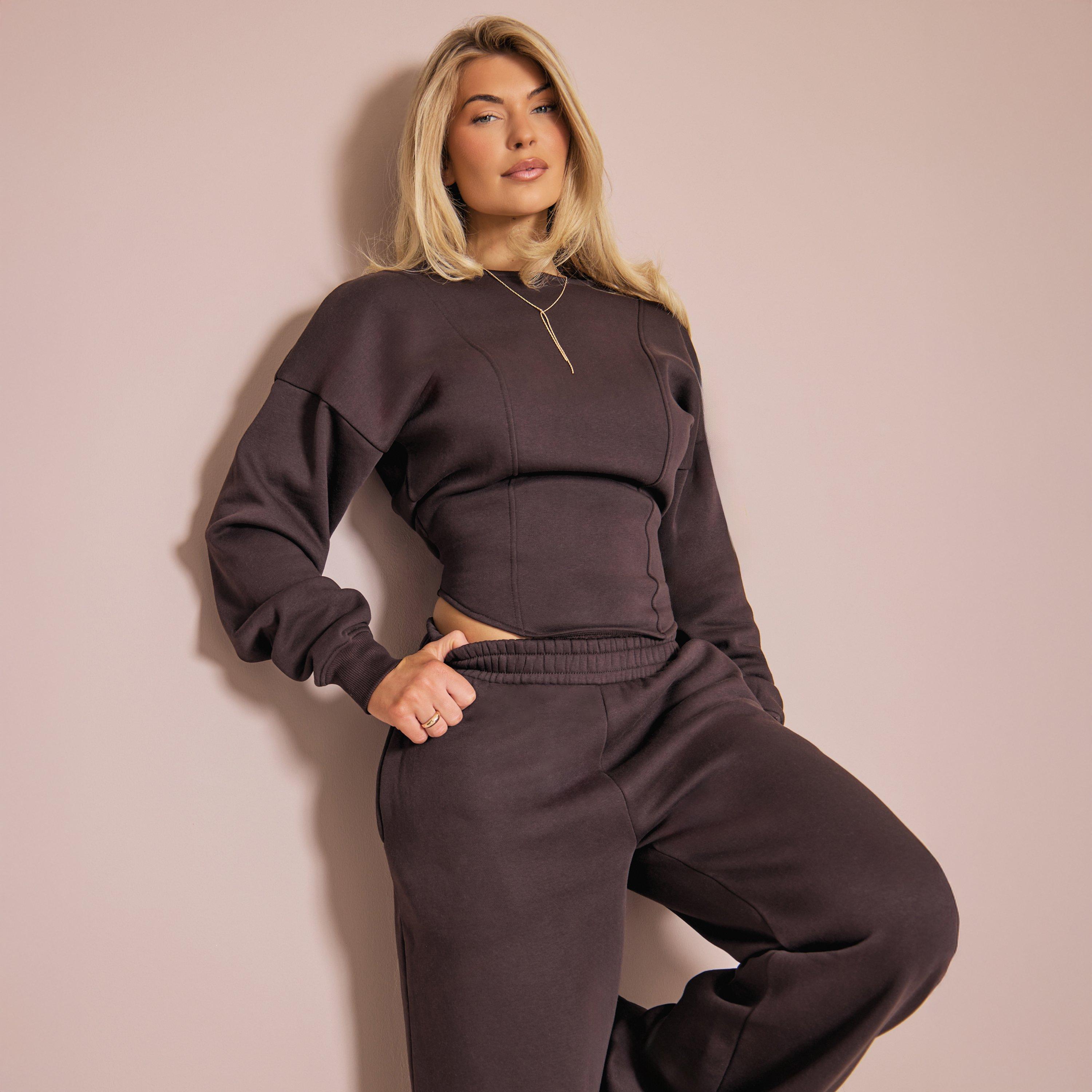 Balloon Sleeve Boat Neck Cinched Waist Sweatshirt In Chocolate Brown, Women's Size UK 12