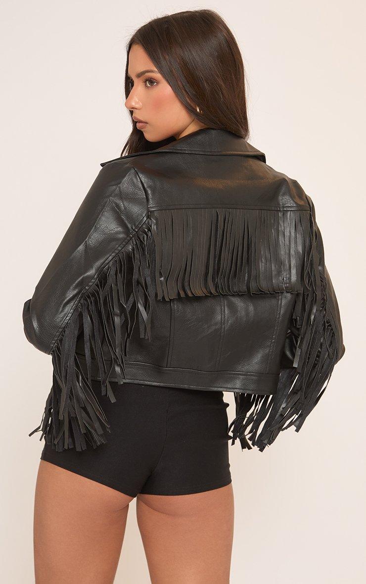 Long Sleeve Fringe Detail Biker Jacket In Black Faux Leather | EGO