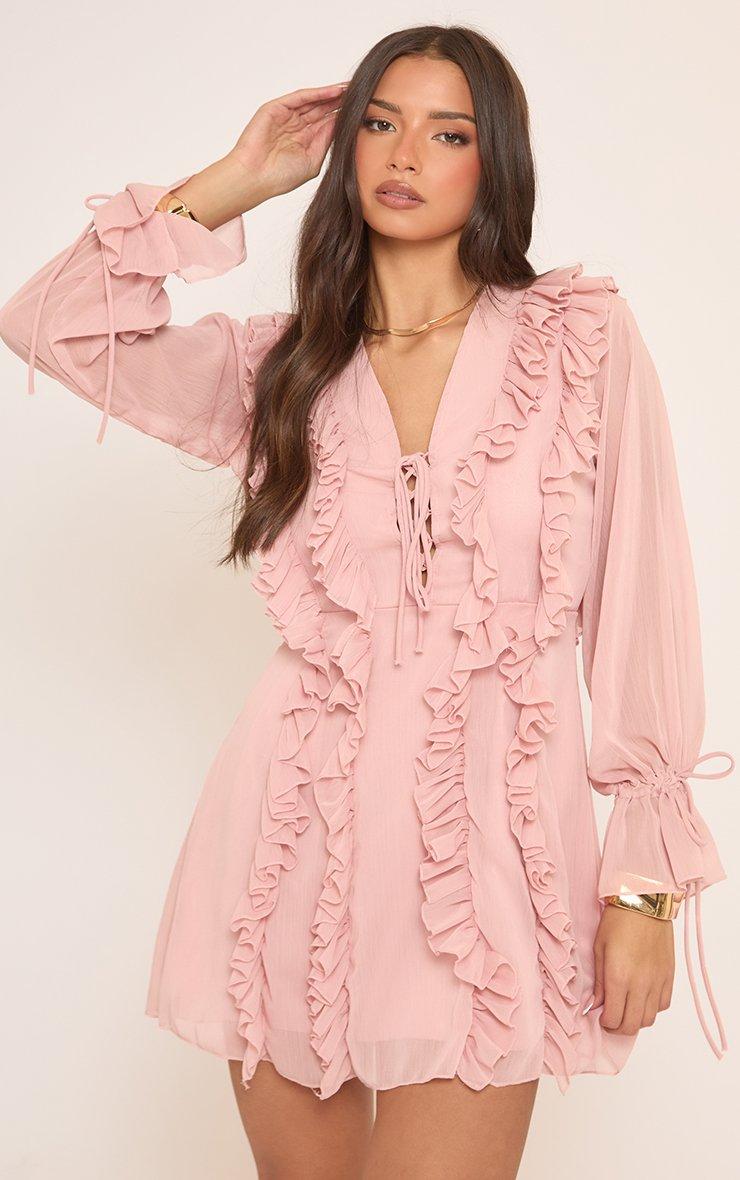 Long Sleeve Frill Detail Tie Front Mini Dress In Pink | EGO US | EGO