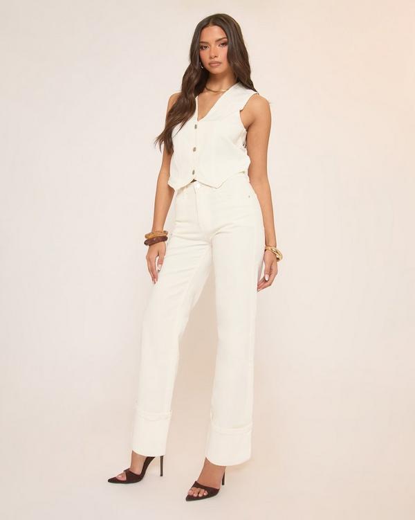 Mid Rise Turn Up Hem Stretchy Jeans In White Denim