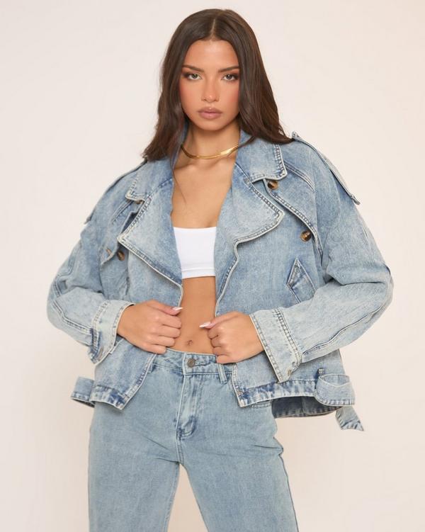 Long Sleeve Oversized Biker Jacket In Blue Denim