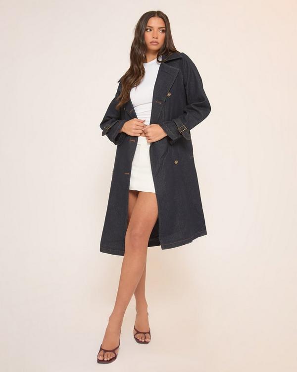 Long Sleeve Belt Detail Trench Coat In Indigo Blue Denim