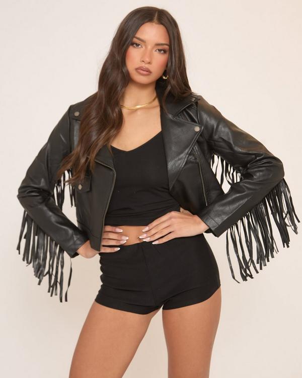 Long Sleeve Fringe Detail Biker Jacket In Black Faux Leather