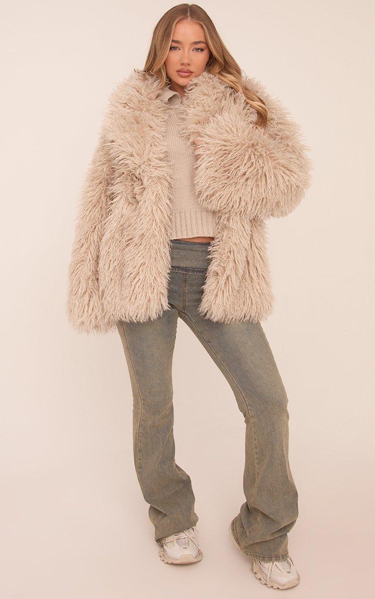 Oversized Collar Shaggy Coat In Beige Faux Fur | EGO US | EGO