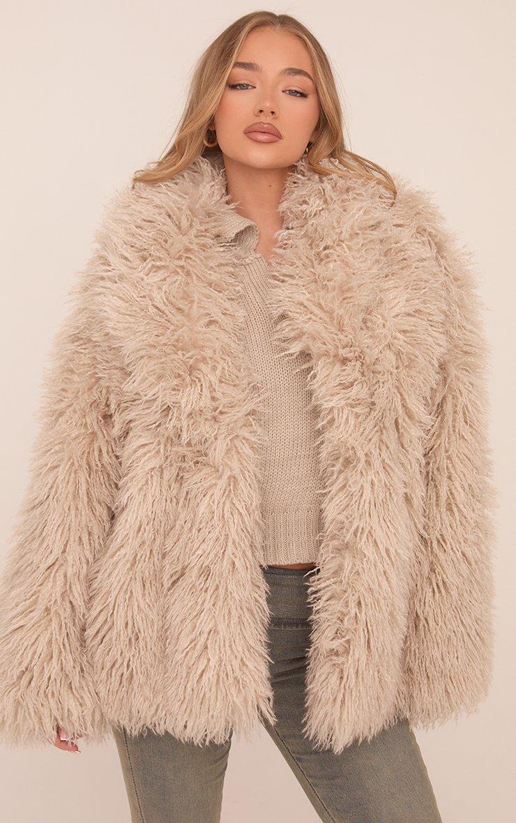 aere shaggy jacket coat グレー FUR ACCENTS Exotic Faux Fur Shaggy Gray Wolf - Large Baggy