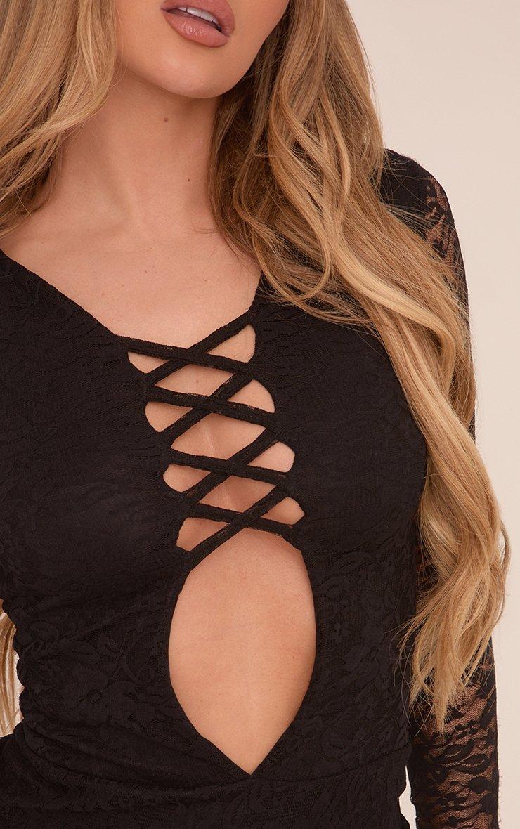 Long Flared Sleeve Plunge Neck Lace Up Front Mini Dress In Black Lace | EGO  AU | EGO