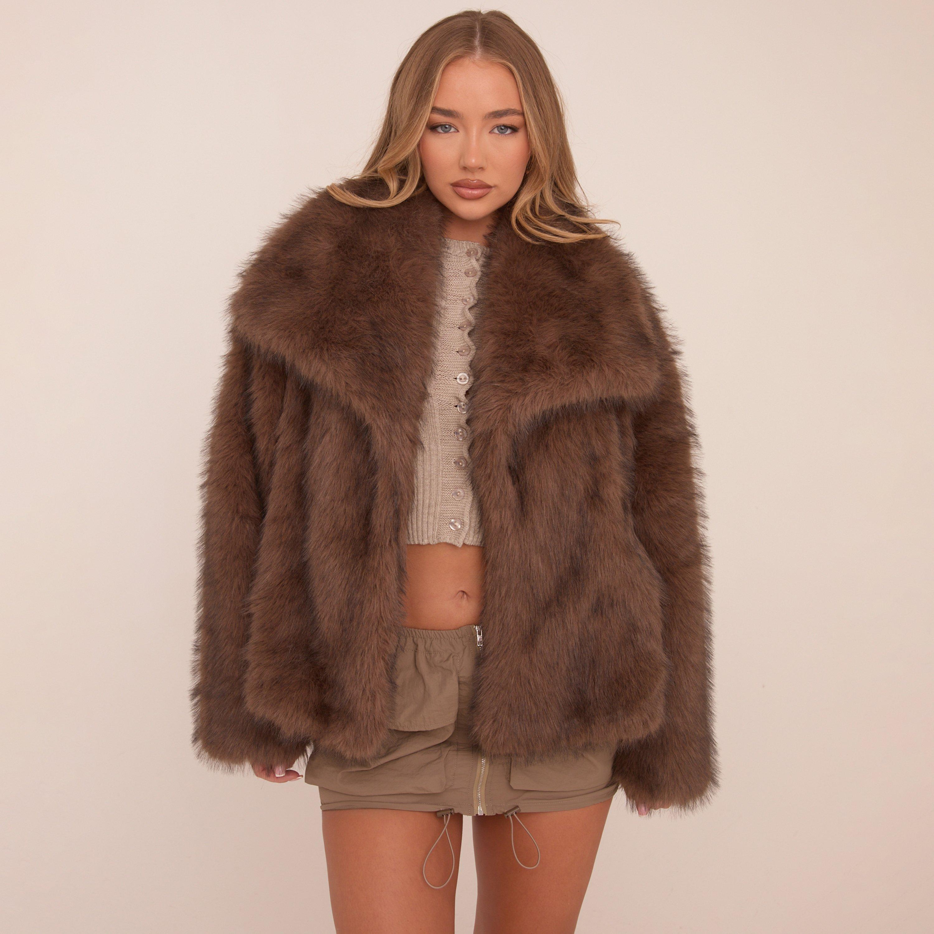 Oversized Collar Detail Jacket In Chocolate Brown Faux Fur, Women's Size UK 12