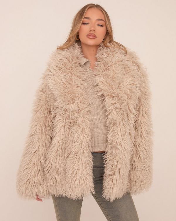 Oversized Collar Shaggy Coat In Beige Faux Fur EGO