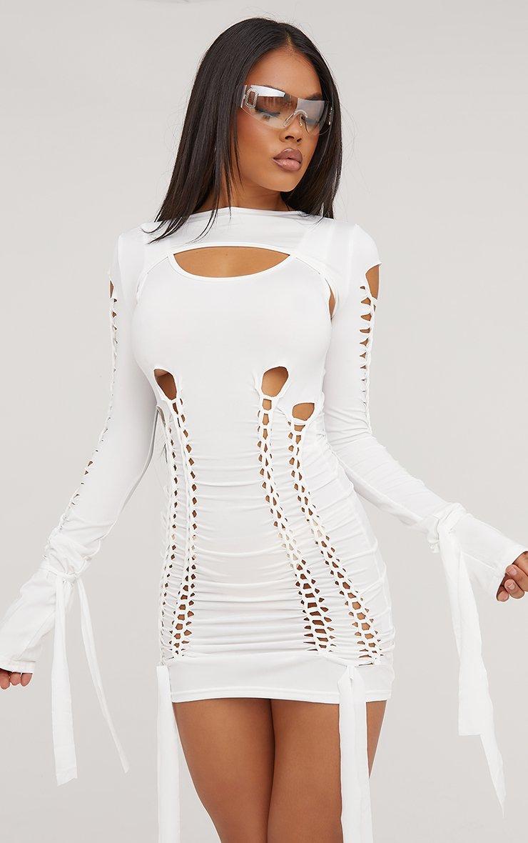Long Sleeve Ladder Detail Double Layered Mini Bodycon Dress In White Slinky  | EGO US | EGO