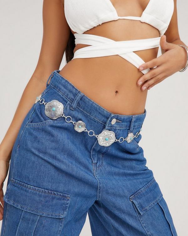 Pendant Stone Detail Chain Belt In Silver