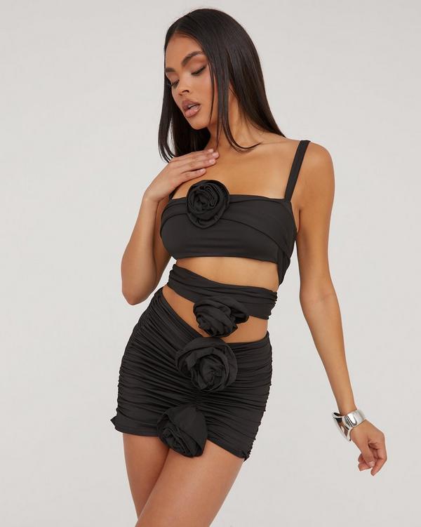Petite Black Ruched Mini Dress With Rose Detail