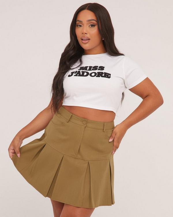 Plus High Waist Pleated Mini Skirt In Khaki Green EGO