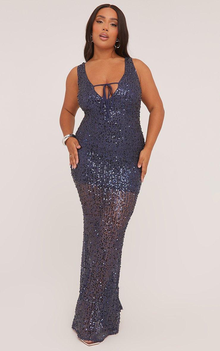 Plus Sleeveless Tie Front Keyhole Cut Out Split Leg Maxi Dress In Dark Blue  Sequin | EGO CA | EGO