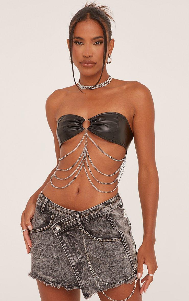 Bandeau Chain Detail Crop Top In Black Faux Leather | EGO US | EGO