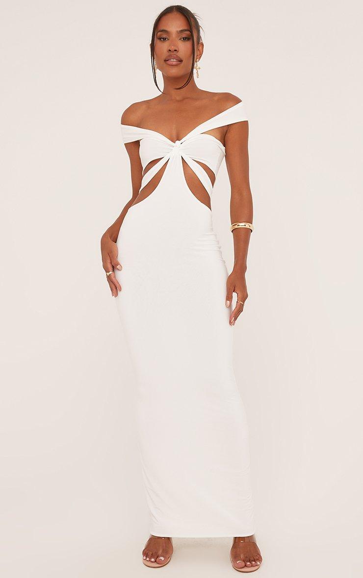Strappy Bardot Maxi Dress In White Slinky | EGO US | EGO