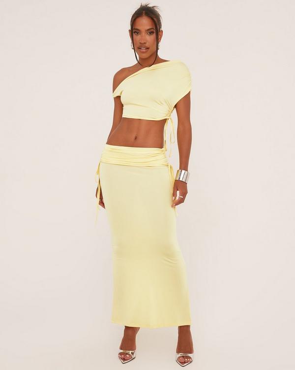 Ruched Detail Asymmetric One Shoulder Crop Top And Low Rise Maxi Skirt Co-Ord Set In Lemon Slinky