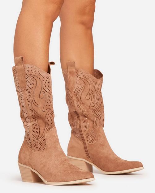 Racing Diamante Embroidered Detail Pointed Toe Mid Calf Western Cowboy Boot In Tan Brown Faux Suede