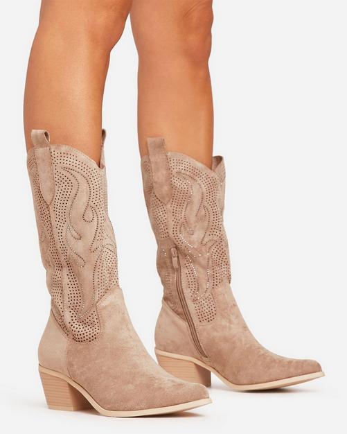 Racing Diamante Embroidered Detail Pointed Toe Mid Calf Western Cowboy Boot In Taupe Faux Suede